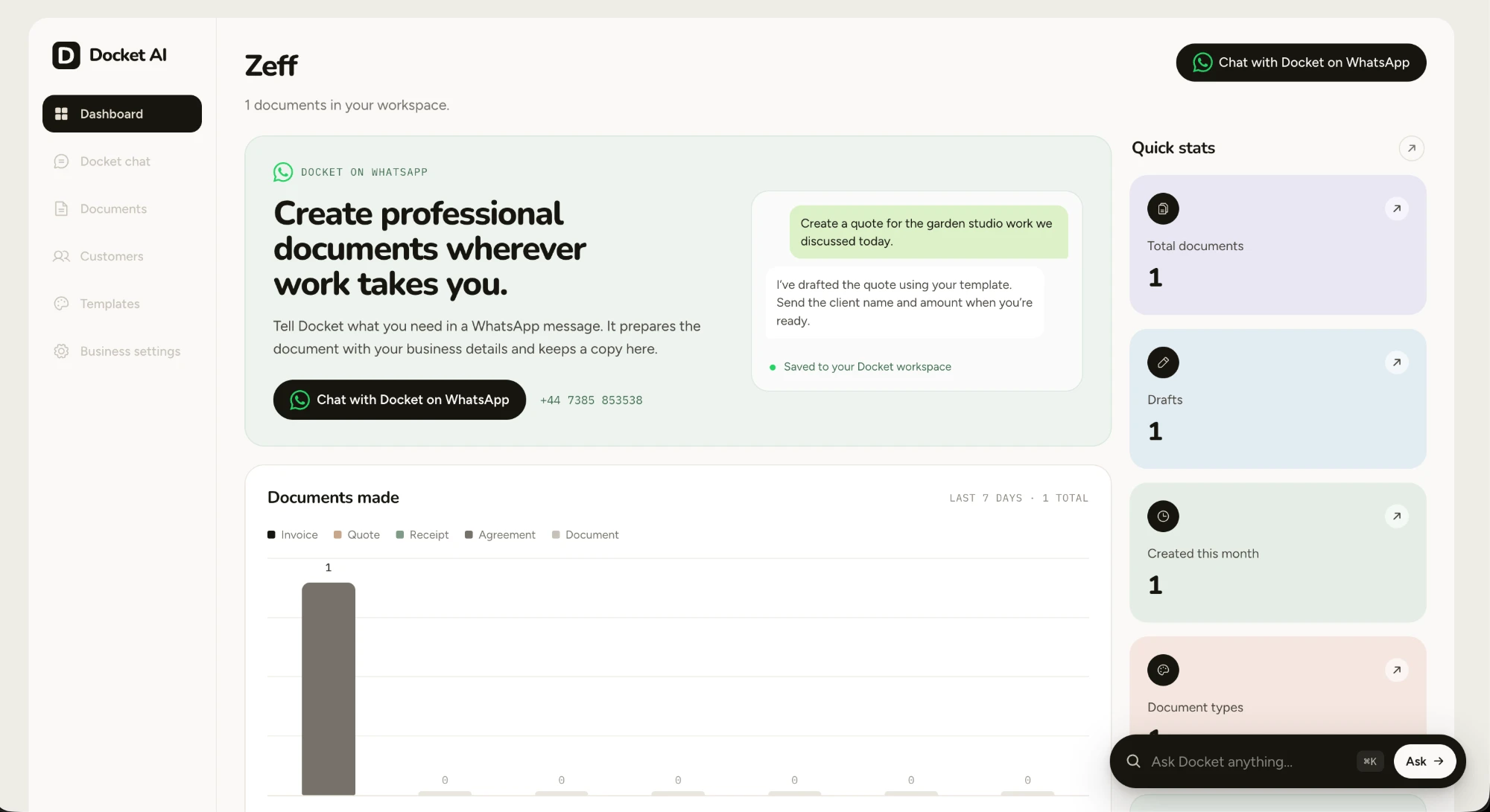 Docket AI dashboard showing quick stats and documents made in the last 7 days