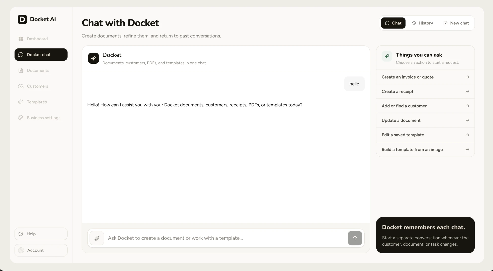 Docket chat in the web app, with suggested actions like creating an invoice, adding a customer and building a template from an image