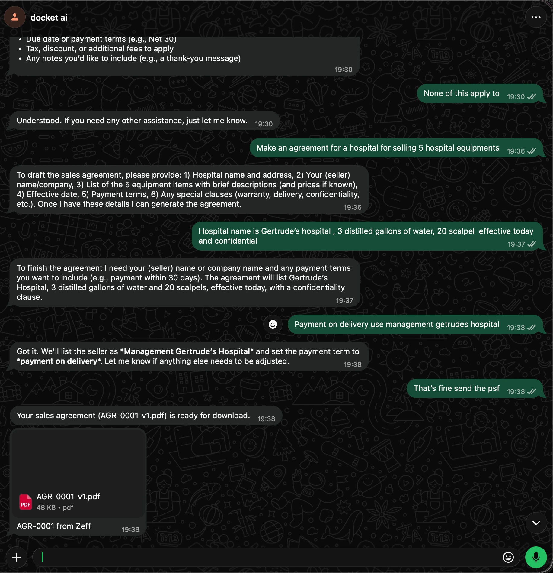 A WhatsApp conversation with Docket AI that ends with a generated sales agreement PDF